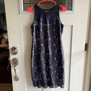 WHITE HOUSE BLACK MARKET navy blue floral overlay illusion neckline dress